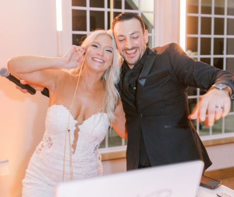 BVTLive! Philadelphia Wedding DJ, DJ Pat on stage with happy bride