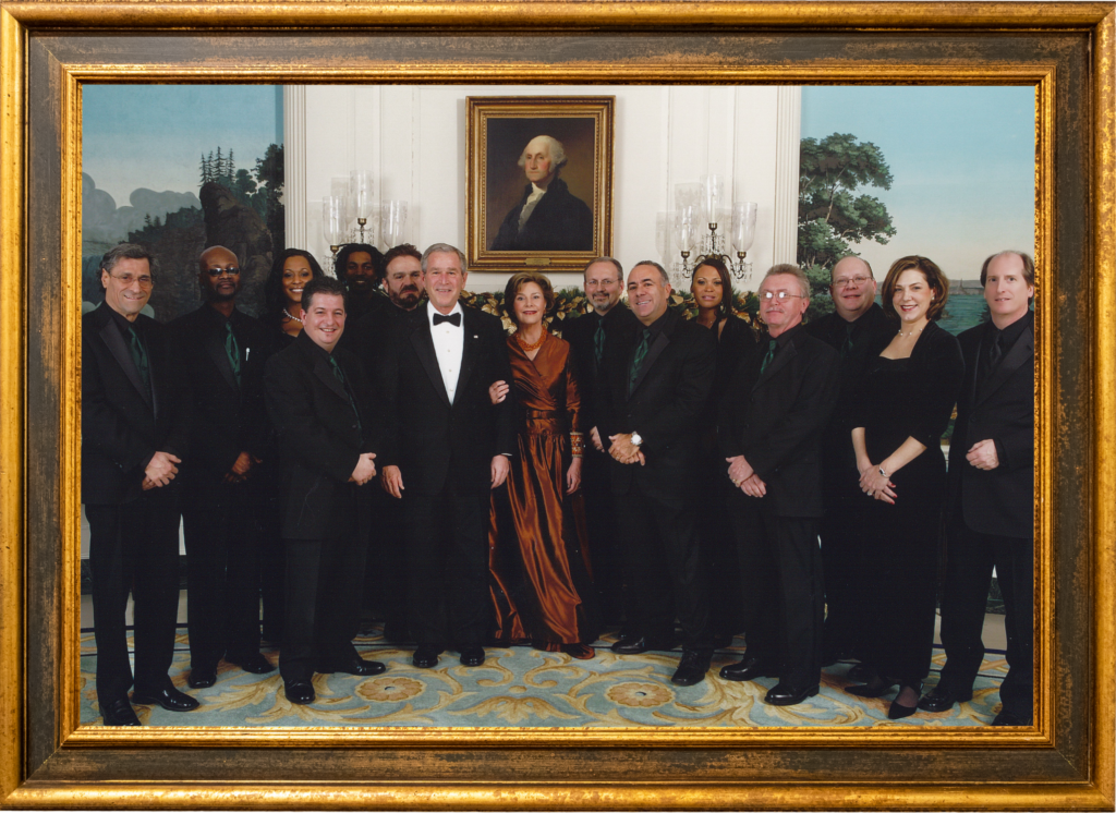 Jellyroll Band Plays the Congressional Ball at the White House in 2008 and is pictured with George Bush and his wife Laura Bush
