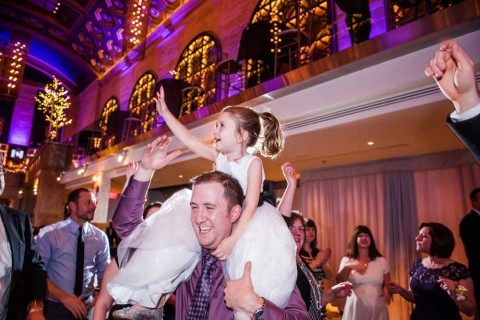 BVTLive! Philadelphia Wedding Reception with excited guests dancing on the dance floor. 